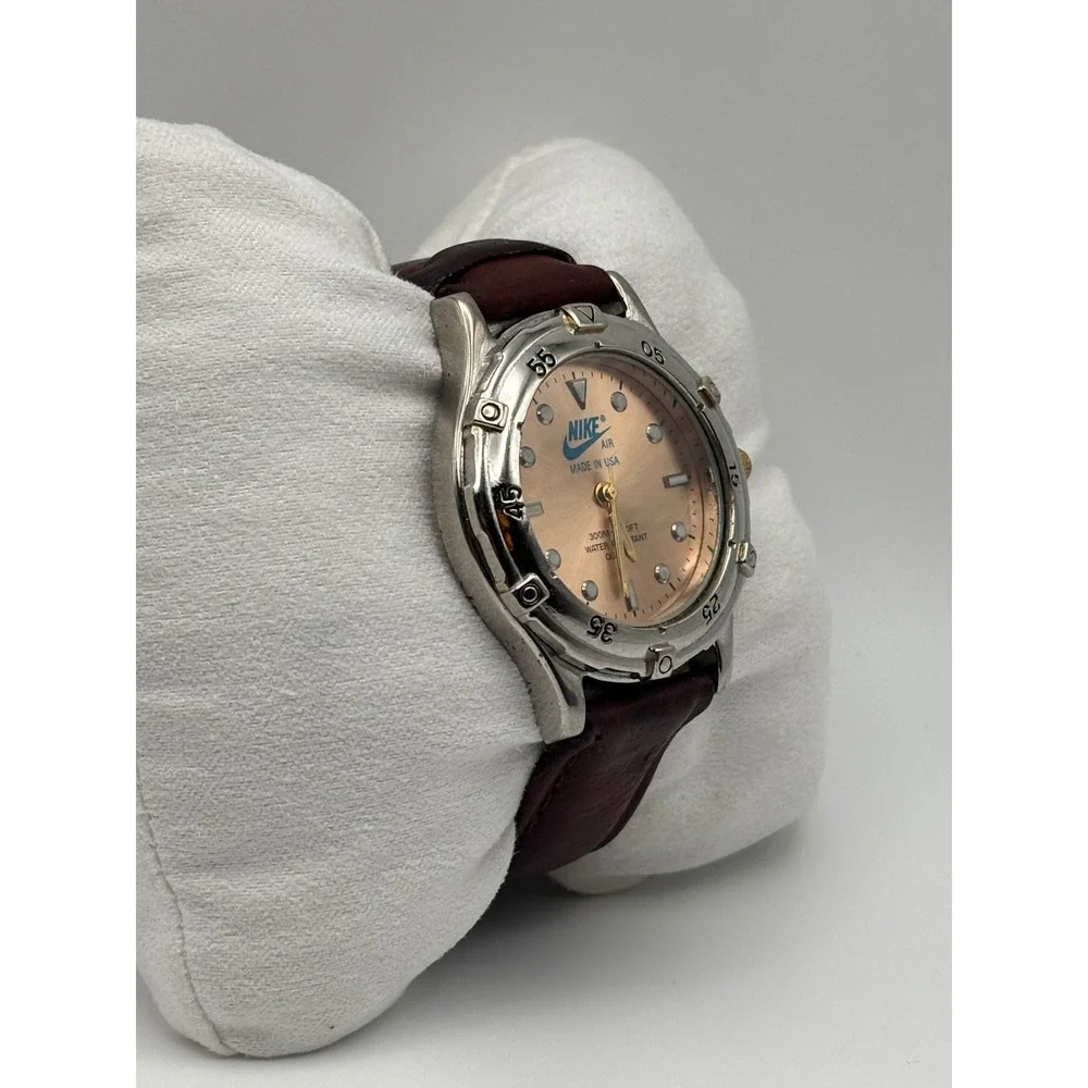 Vintage Nike Air Made in USA Watch Brown Leather Strap 5268K Silver Gold Tone